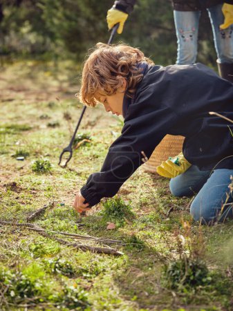 Téléchargez les photos : Vue latérale du garçon préadolescent concentré ramassant les déchets plastiques du sol herbeux dans le parc par temps ensoleillé - en image libre de droit