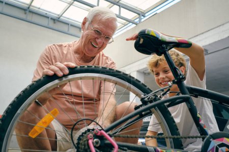 Téléchargez les photos : Angle bas du petit-fils souriant largement et aidant à rire vieil homme volant de contrôle de vélo tout en le fixant - en image libre de droit