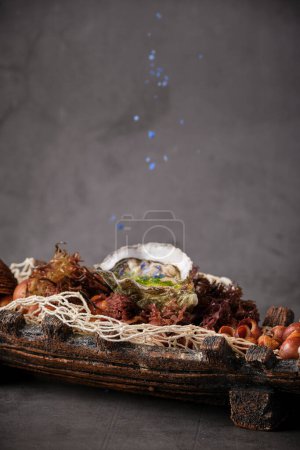 Téléchargez les photos : D'en haut de l'huître appétissante en coquille servie dans une assiette avec divers ingrédients de fruits de mer au restaurant - en image libre de droit