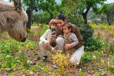 Téléchargez les photos : Contenu complet du corps jeune mère avec des enfants prenant des photos d'âne domestique drôle dans des terres agricoles abondantes sur le temps chaud de l'été - en image libre de droit