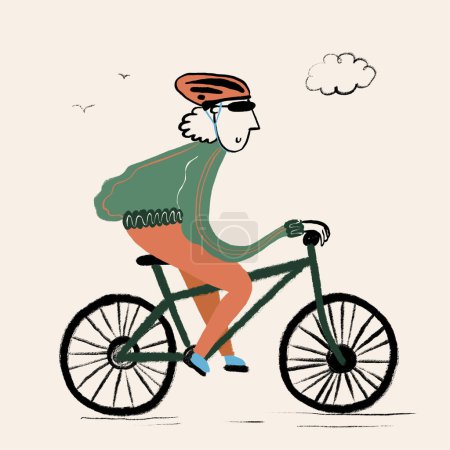 Téléchargez les photos : Illustration du cycliste masculin en vêtements de sport et casque de protection et lunettes de soleil à vélo sur route sur fond beige - en image libre de droit