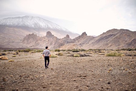 Foto de Vista trasera de un hombre turista irreconocible paseando por un terreno rocoso seco cerca de una zona montañosa en un día nublado - Imagen libre de derechos