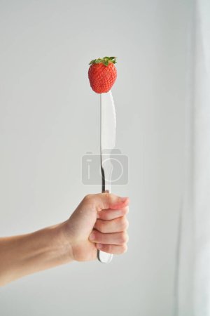 Foto de Mano de persona anónima demostrando fresa fresca madura en la parte superior del cuchillo contra fondo blanco - Imagen libre de derechos