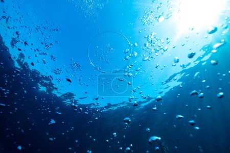 Photo for From below of vortex ring and bubbles in clear transparent water of sea against cloudless blue sky - Royalty Free Image