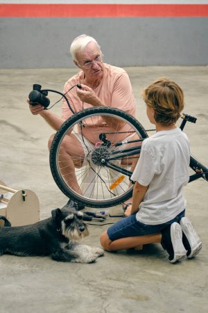 Téléchargez les photos : Corps complet du grand-père regardant le petit-fils tout en pompant la roue du vélo en réparation avec chien miniature Schnauzer près - en image libre de droit
