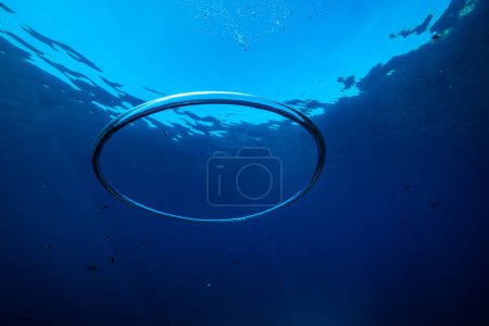 Photo for Low angle of large vortex ring and bubbles floating under clear water of deep blue sea against cloudless sky in daytime - Royalty Free Image