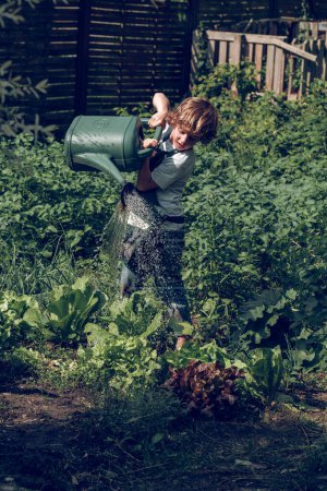 Foto de Preadolescente niño ayudante verter verduras y zonas verdes en camas de jardín con regadera en el día de verano - Imagen libre de derechos