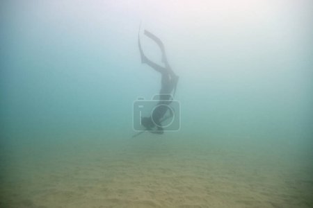 Téléchargez les photos : Vue latérale complète du corps d'un pêcheur sous-marin anonyme en combinaison et nageoires avec harpon plongeant en eau profonde - en image libre de droit