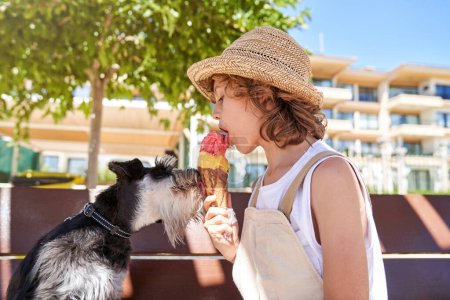 Photo for Side view of child in casual clothes sharing tasty ice cream in cone with Miniature Schnauzer dog while sitting on wooden bench in city park on sunny day - Royalty Free Image