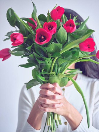 Photo for Portrait of unrecognizable brunette woman in white sweater holding bunch of blooming red tulips in hands covering her face - Royalty Free Image