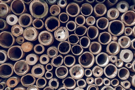 Photo for Closeup of full frame textured background of heap of wooden bamboo pipes folded in rows in storage - Royalty Free Image