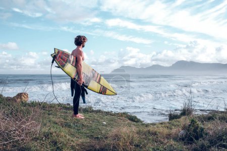 Téléchargez les photos : Vue latérale du surfeur masculin torse nu et musclé avec des cheveux bouclés debout sur la côte herbeuse et avec une planche de surf et admirant l'océan agitant pittoresque contre un ciel bleu nuageux - en image libre de droit