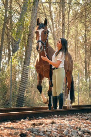 Téléchargez les photos : Délicieuse cavalière avec un cheval châtain obéissant debout sur le chemin de fer dans les bois par une journée ensoleillée - en image libre de droit