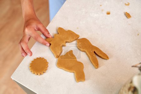 Photo for High angle of faceless anonymous person placing raw cut out cookies on edge of white table - Royalty Free Image