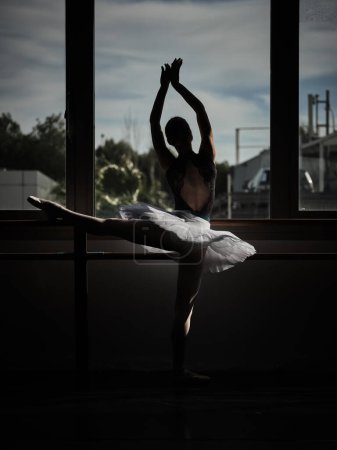 Foto de Vista trasera de la bailarina en falda de tutú que se extiende en la barra y mirando a la ventana en el estudio oscuro - Imagen libre de derechos