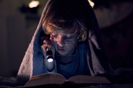 Photo for Focused boy reading book with interest and shining flashlight while lying on bed under warm blanket in dark room of apartment - Royalty Free Image