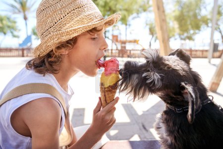 Foto de Vista lateral del niño en sombrero de paja y Schnauzer miniatura lamiendo delicioso helado colorido en cono de gofre juntos en el día soleado en el parque de la ciudad - Imagen libre de derechos