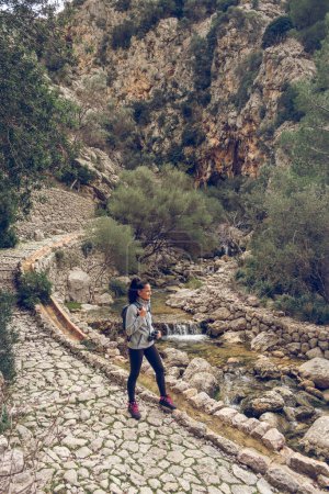 Téléchargez les photos : Vue latérale d'en haut de la femme admirant des paysages pittoresques de ruisseau coulant près de la montagne tout en marchant passerelle en pierre - en image libre de droit