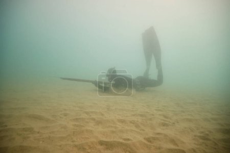 Téléchargez les photos : Vue latérale du chasseur masculin anonyme en combinaison avec lance-lance pêchant près du fond sablonneux de la mer - en image libre de droit
