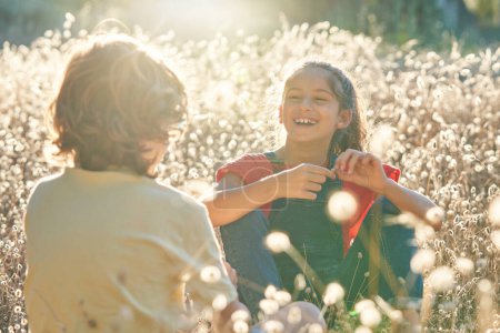 Téléchargez les photos : Joyeux soeur parler avec frère en vêtements décontractés se détendre sur prairie herbeuse pendant la journée ensoleillée d'été - en image libre de droit