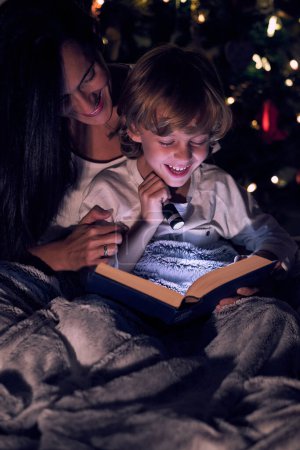 Photo for Delighted mother and son reading interesting book together with flashlight while sitting in dark room near Christmas tree with glowing garland during holidays - Royalty Free Image