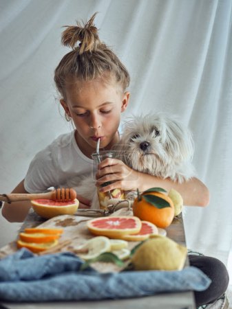Téléchargez les photos : Mignon petit garçon assis à table et boire de la limonade fraîche tout en passant du temps avec le Yorkshire Terrier blanc - en image libre de droit