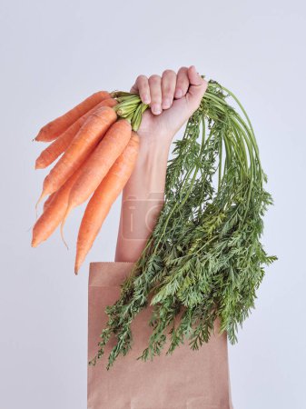 Photo for Crop female hand from craft shopping bag with fresh carrot bunch with green top against white background - Royalty Free Image