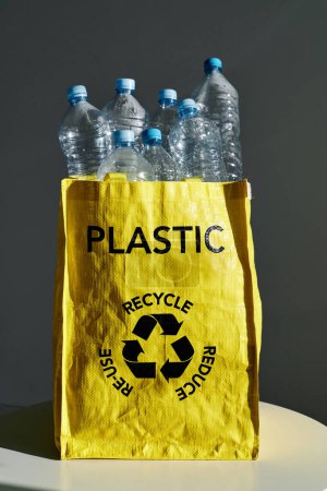 Téléchargez les photos : Sac avec inscription et panneau de recyclage rempli de bouteilles en plastique vides à réutiliser sur la table au soleil - en image libre de droit