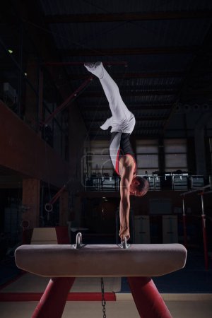Foto de Joven gimnasta masculina haciendo ejercicios en el rack - Imagen libre de derechos
