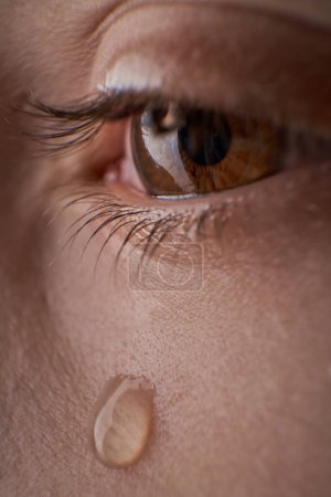 Photo for Closeup brown eye with long eyelashes of crop anonymous unhappy kid with small tear rolling down cheek in light room - Royalty Free Image