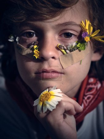 Téléchargez les photos : Headshot de garçon mignon de culture avec des fleurs colorées sur les joues et les plâtres en regardant la caméra tout en étant assis dans la salle de lumière - en image libre de droit