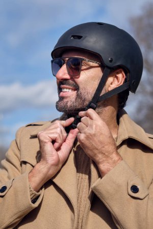 Photo for Positive bearded active male in stylish sunglasses and coat putting on protective helmet while spending time in park on sunny day - Royalty Free Image
