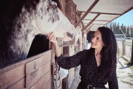Foto de Contenido hembra en vestido negro acariciando lindo caballo manchado blanco de pie en establo en el día soleado de verano en el área rural - Imagen libre de derechos