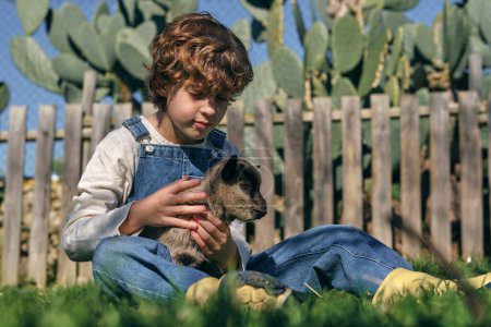 Photo for Cute little boy with curly hair in denim overall sitting on grassy ground and playing with little purebred goat while spending time in countryside on sunny day - Royalty Free Image