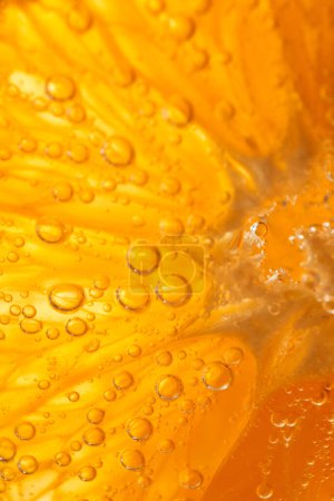 Foto de Fondo de marco completo de primer plano de rodaja de naranja fresca con pulpa en ginebra alcohólica transparente y bebida tónica con pequeñas burbujas - Imagen libre de derechos