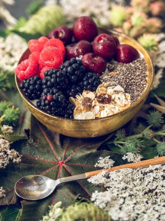 Photo for High angle of tasty breakfast bowl with berries and chia seeds placed on table with plants in daylight - Royalty Free Image