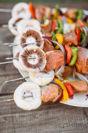 Téléchargez les photos : Vue du dessus de l'assiette avec des bâtonnets de porc avec des légumes du barbecue - en image libre de droit