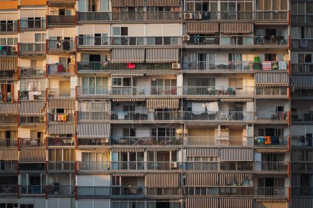 Téléchargez les photos : Balcons avec effets personnels et vêtements de séchage à l'extérieur bloc moderne d'appartements au lever du soleil dans la ville - en image libre de droit