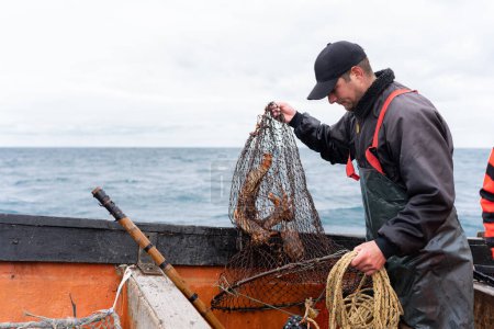 Horizontales Foto mit Kopierraum eines Fischers, der ein Netz mit Hummern auf einem Boot hält