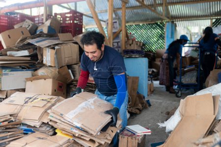 Smiling young Hispanic worker sorting cardboard with teammates in a collaborative effort at a recycling plant