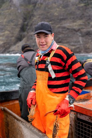 Photo for Vertical portrait of a young fisherman smiling at camera wearing apron and gloves working holding lobsters - Royalty Free Image
