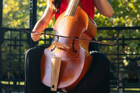 Photo for Outdoor string concert. A woman plays the cello in an old music kiosk in a garden - Royalty Free Image