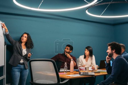 Geschäftsfrau leitet ein Meeting zur Analyse von Unternehmensdaten zusammen mit ihren Kollegen in einem modernen Coworking Space