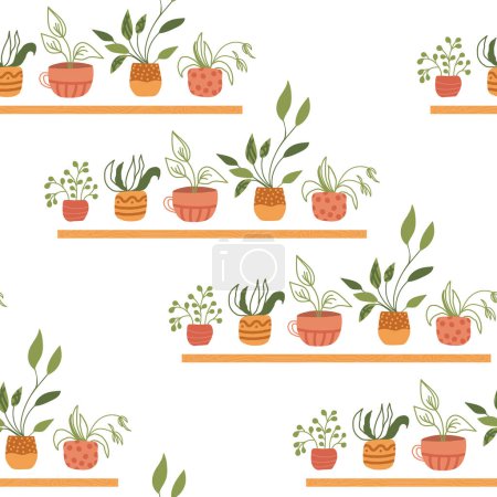 Potted plants on the shelf seamless vector pattern. My home garden green decor on a white background. Flat vector illustration for paper, fabric, textile printing.