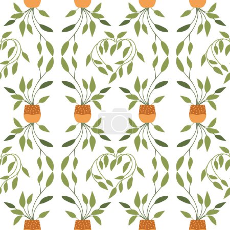Potted plants seamless pattern. My home garden green decor. Flat illustrations on white background. Leaves of the plants are elegantly intertwined.