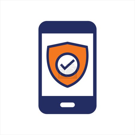 Ilustración de Plan de seguro y escudo icono en el teléfono comprar seguro en línea plano icono de diseño - Imagen libre de derechos