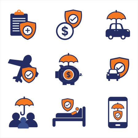 Illustration for Blue and orange insurance flat icon elements set design - Royalty Free Image