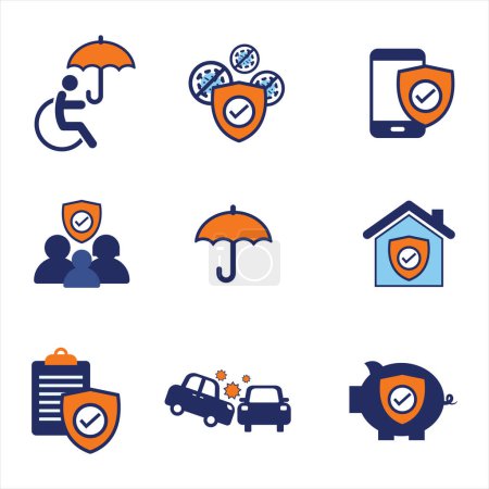 Ilustración de Diseño de conjunto de elementos de icono plano de seguro azul y naranja - Imagen libre de derechos