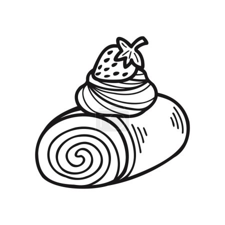 Téléchargez les illustrations : Isoler le rouleau de crème de fraise de boulangerie noire et blanche - en licence libre de droit