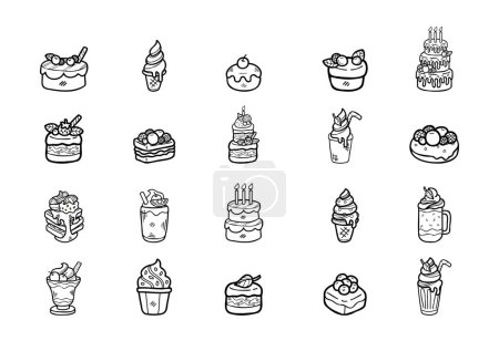 Téléchargez les illustrations : Mignon desserts croquettes à la main ensemble de boulangerie couleur noir et blanc - en licence libre de droit